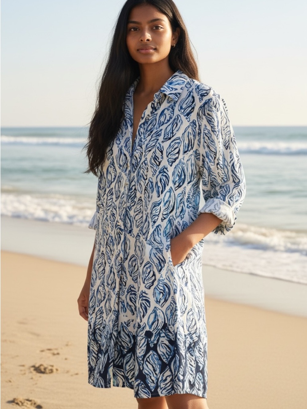 Lilly Pulitzer Navy and White Leaf-Print Shirt Dress